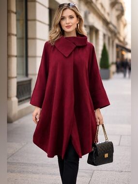 Joseph Ribkoff Burgundy Swing Coat jersey  Elegant Draped Collar Jacket sz 14